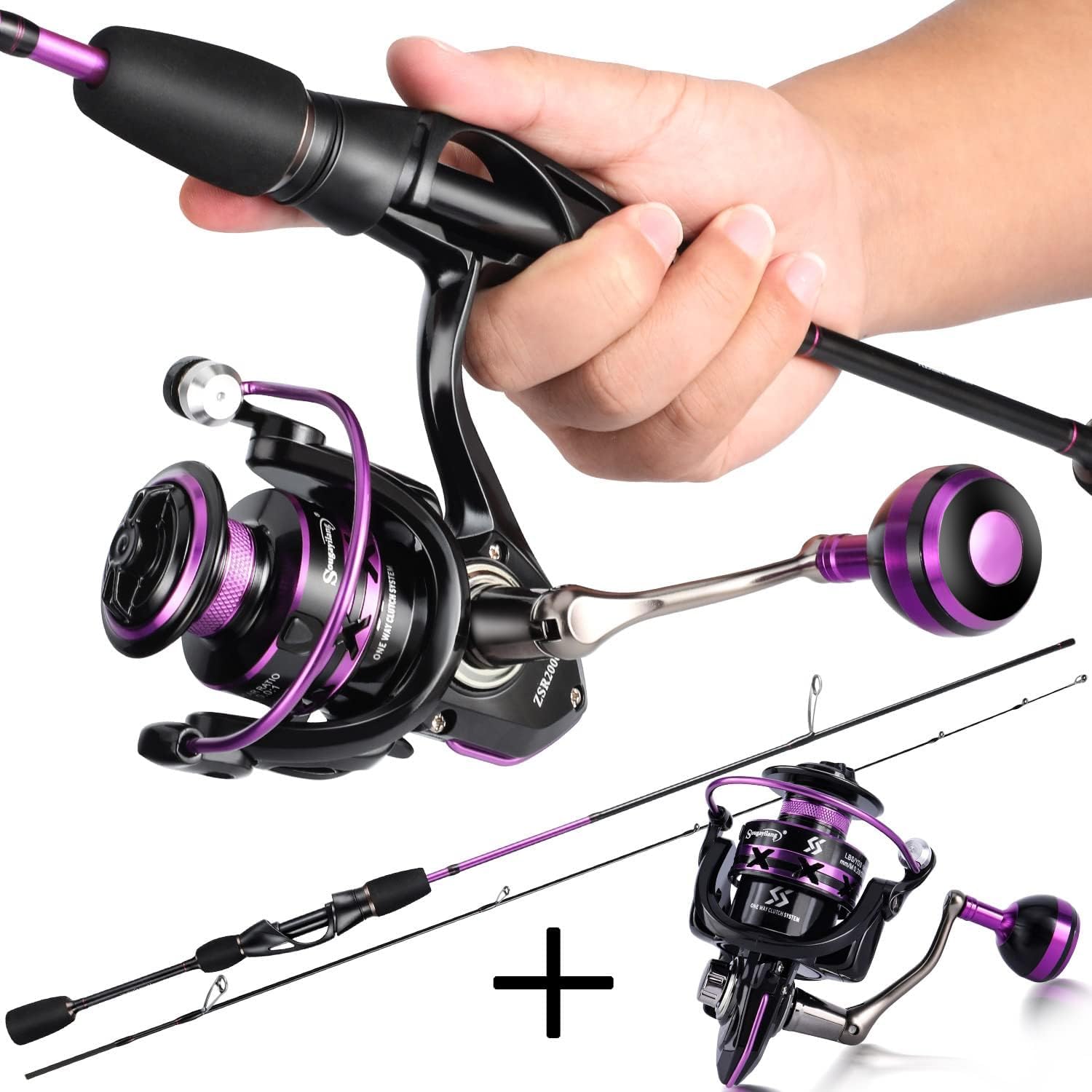 Sougayilang Fishing Rod and Reel Combo, Lightweight Purple Spinning Reel with 2 Pieces Fishing Pole Combo for Crappie, 1000/2000 Spinning Reel Set-1.8m-2000 Reel-Purple