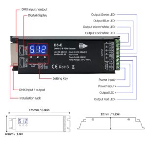 5 Channel DMX Decoder with RDM Digital Display,DMX512 Dimmer Driver PWM RGBCCT LED Controller for RGBWW RGBW or 5group White lightstrips LED Module Light Input 12V-48VDC