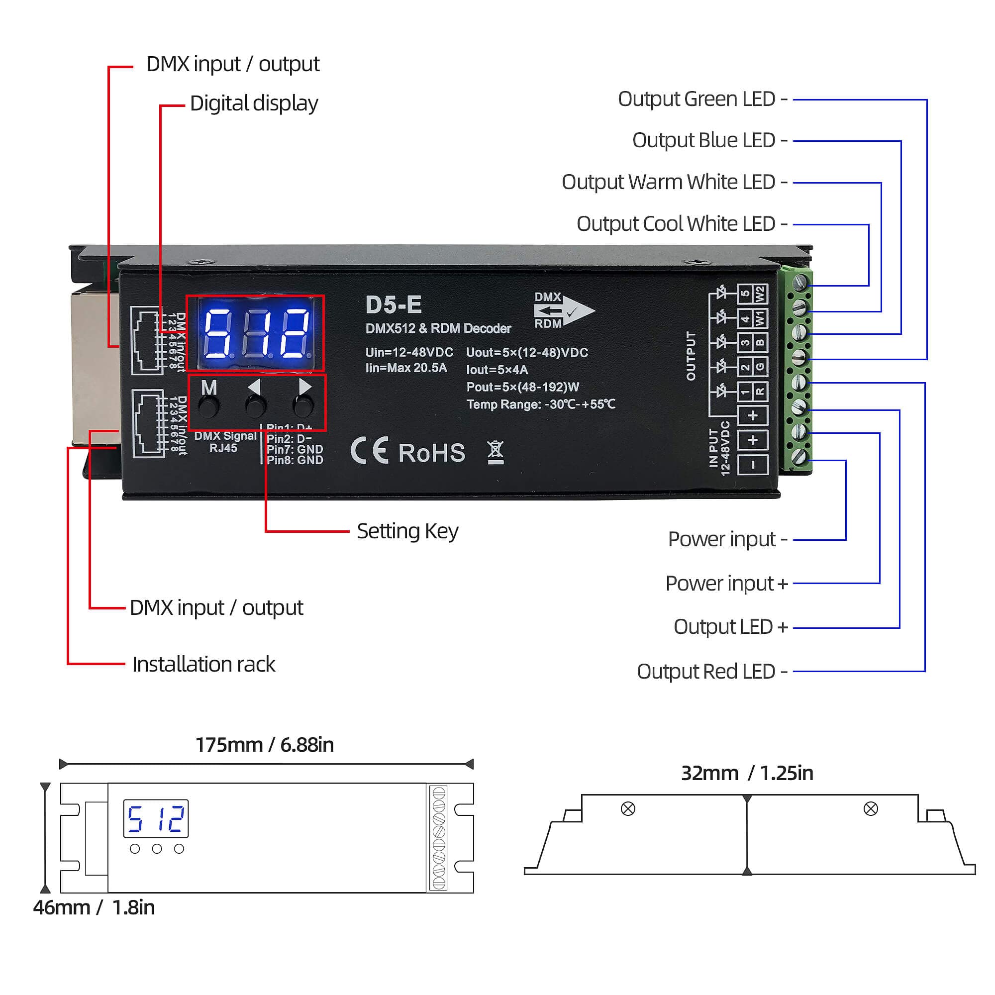 5 Channel DMX Decoder with RDM Digital Display,DMX512 Dimmer Driver PWM RGBCCT LED Controller for RGBWW RGBW or 5group White lightstrips LED Module Light Input 12V-48VDC