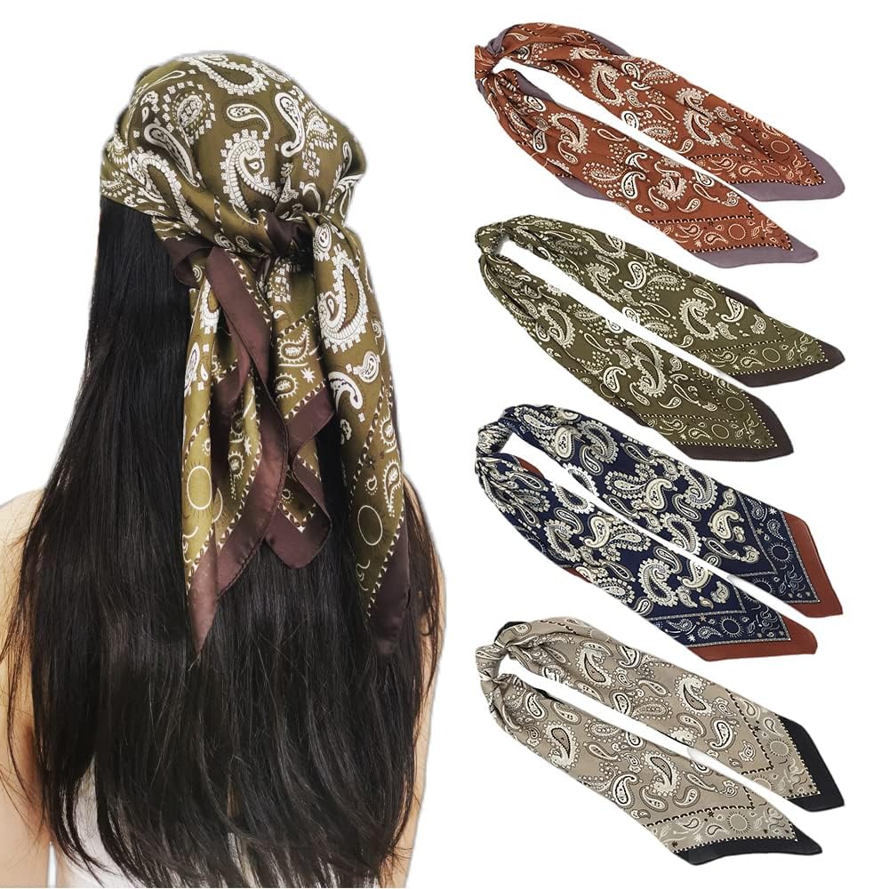 Silk Head Scarf for Women Men - 4PCS Satin Square Hair Scarves - Vintage Bandanas Wraps Headbands 27.5 Inches