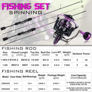 Sougayilang Fishing Rod and Reel Combo, Lightweight Purple Spinning Reel with 2 Pieces Fishing Pole Combo for Crappie, 1000/2000 Spinning Reel Set-1.8m-2000 Reel-Purple