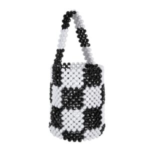 YUSHINY Women Acrylic Diamond Beaded Mixed Color Chequered Clutch Bucket Evening HandBag for Wedding Party (Black&White)