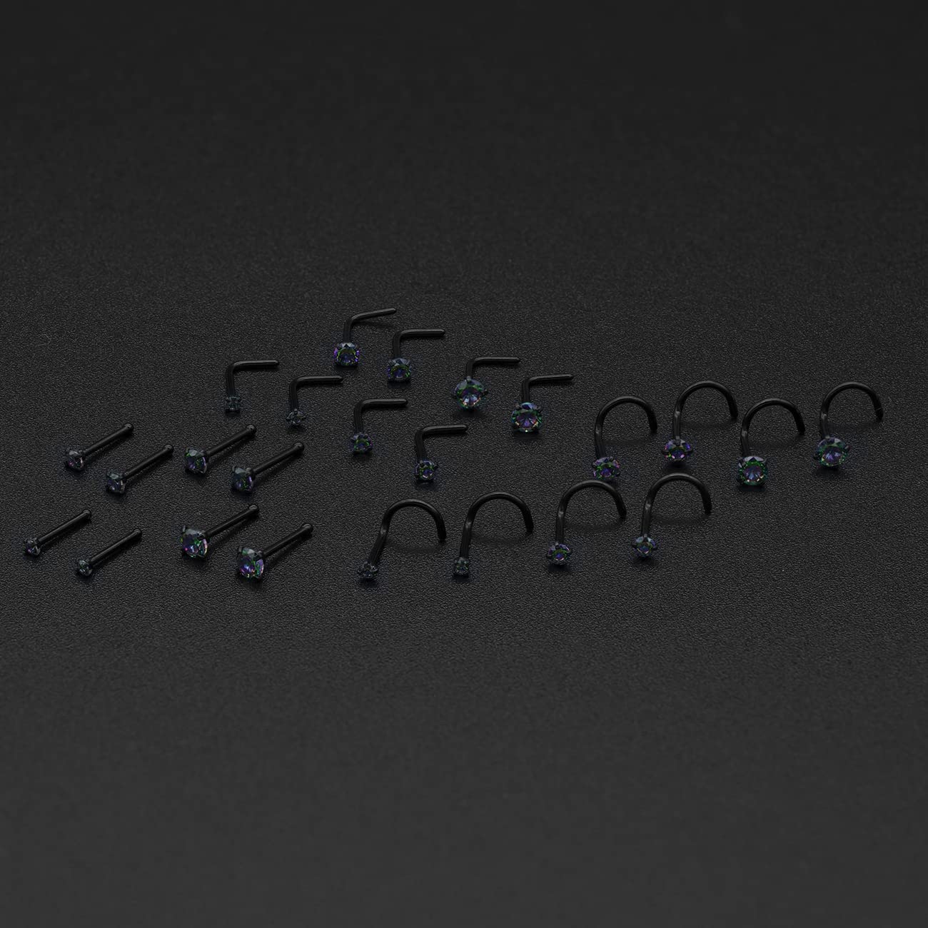 Pierstyles 20G 18G Nose Rings Studs Stainless Steel Nose Rings for Women Men Round CZ Nose Bone L Shaped Screw Nose Stud Ring Set Nostril Piercing Jewelry Silver Gold Black