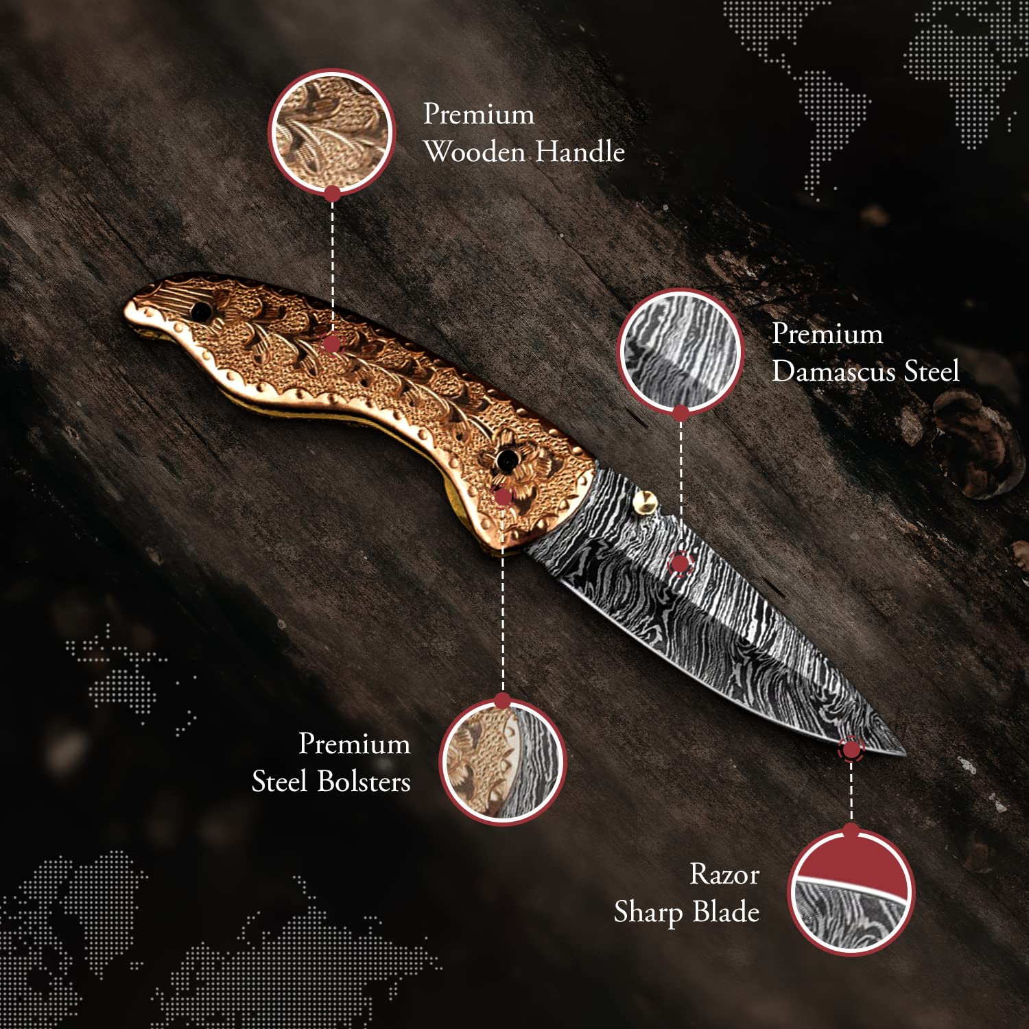 Morf Steelware Personalized Sheath 7.5 inch Hand Forged Copper Handle Damascus Pocket Knife for Men, Camping & Hunting Folding Knife, Handmade Damascus Steel Hunting Knife