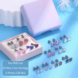 BESTEEL 12 Pairs Hypoallergenic Screw Back Earrings for Girls Women CZ Ball Surgical Stainless Steel Stud Earrings Set Cute Star Flower Screwback Earrings Mix Age: over 3 years old