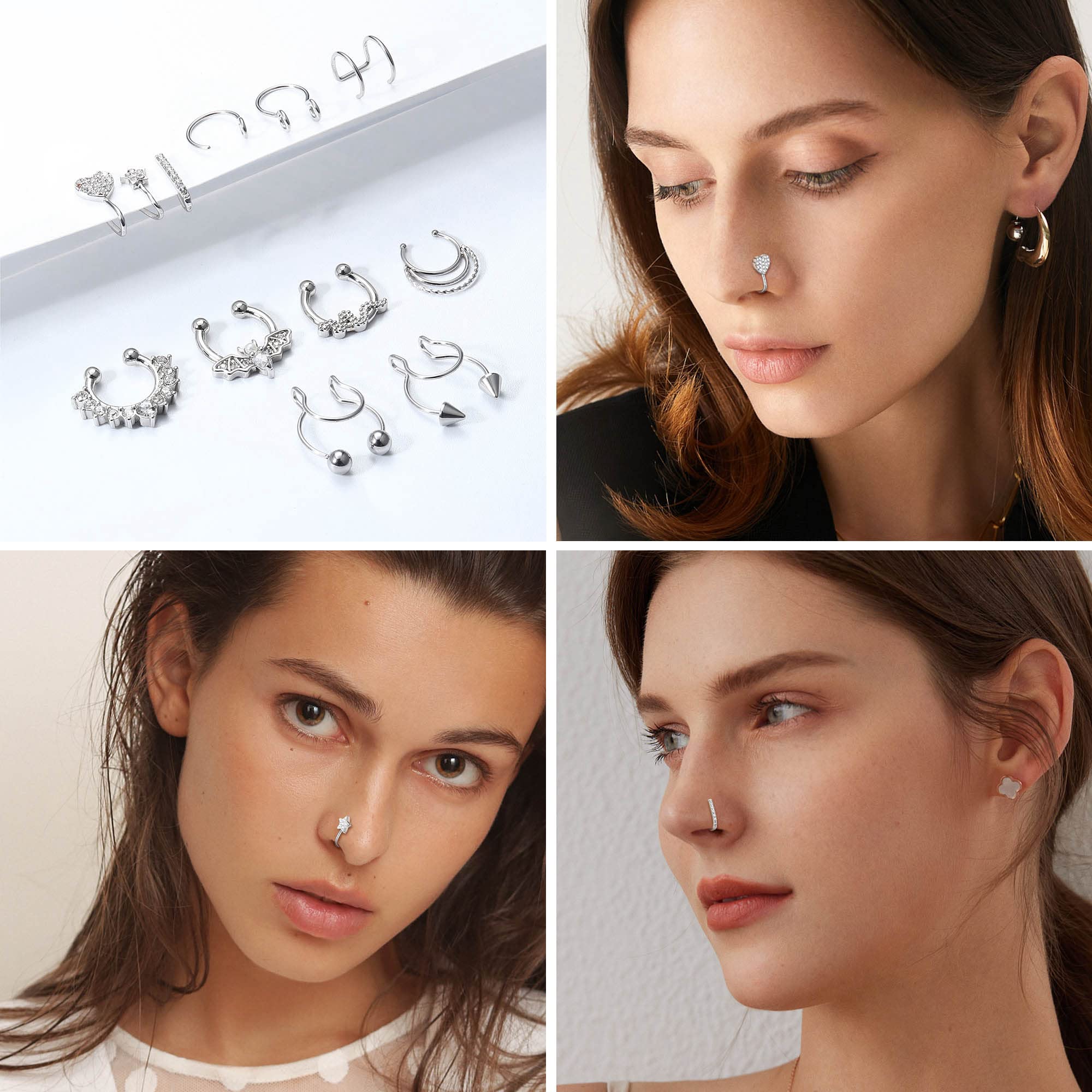 ZZHDCC Silver Fake Septum Fake Nose Rings For Women Surgical Steel Nose Cuffs For Non Pierced Nose Rings Hoops Fake Lip Rings Non Piercing Septum Rings Clip On Heart Faux Piercing Jewelry