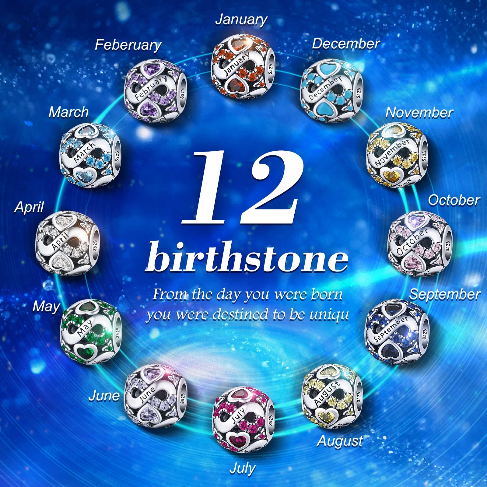 PICKBEAU 925 Sterling Silver Birthstone Charm Beads Fit for Bracelet and Necklaces, Birthday Gifts for Women