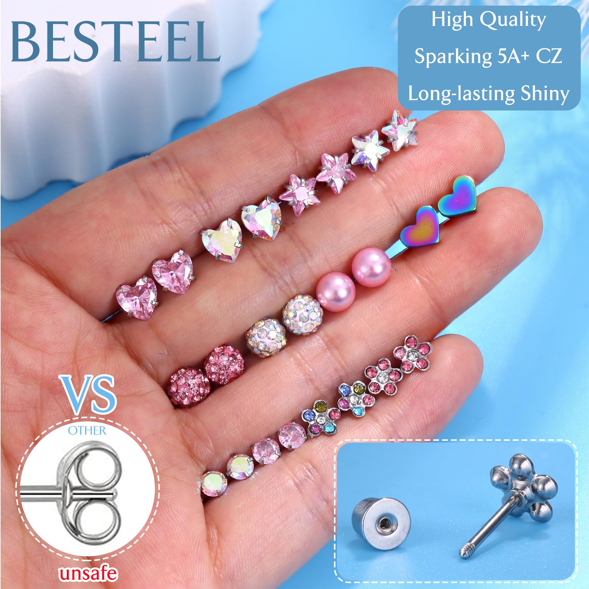 BESTEEL 12 Pairs Hypoallergenic Screw Back Earrings for Girls Women CZ Ball Surgical Stainless Steel Stud Earrings Set Cute Star Flower Screwback Earrings Mix Age: over 3 years old