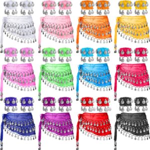 36 pcs belly dance hip scarf belly dance skirt wrist ankle cuffs bracelets 12 colors with 98 coins for bellydance dancer(lovely color)