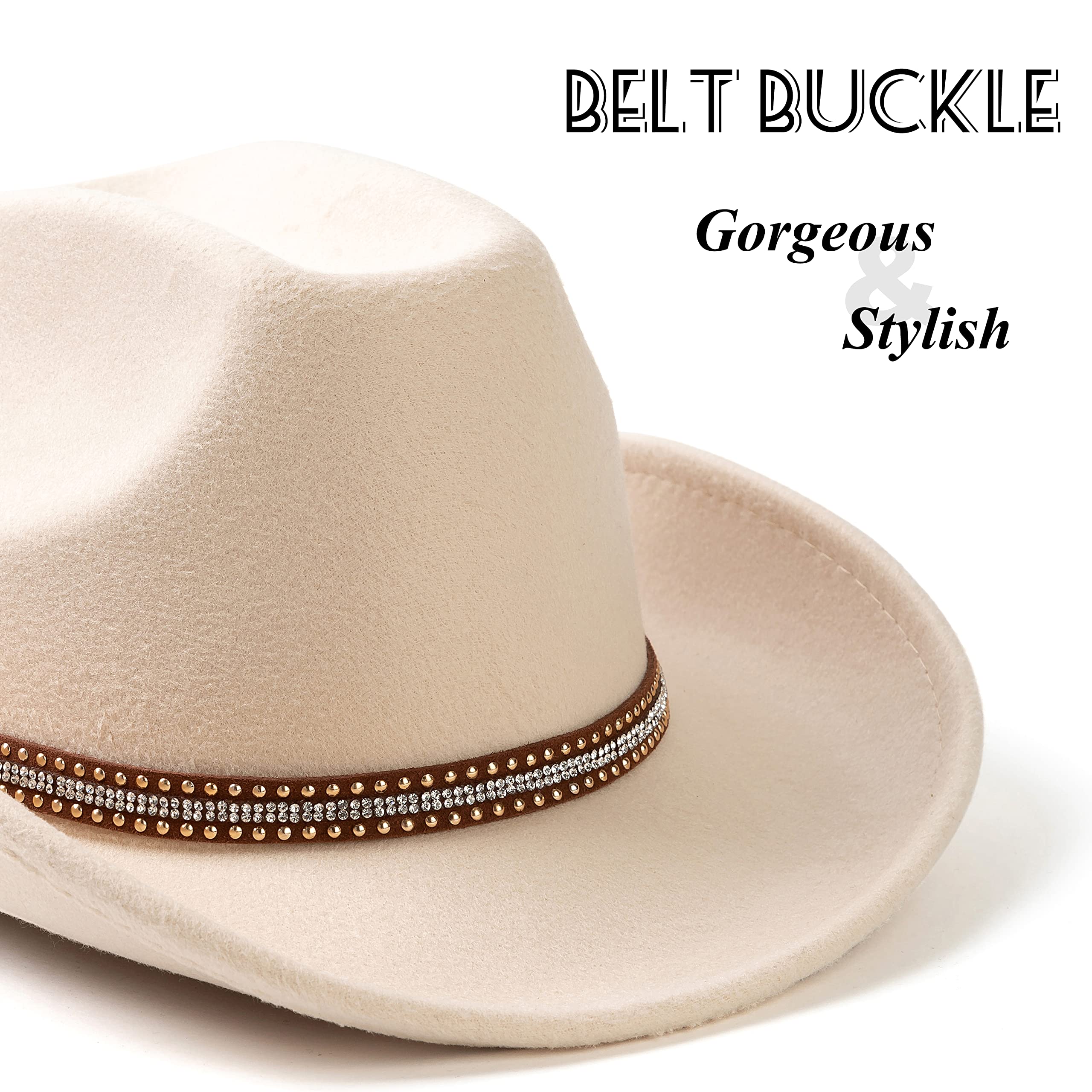 Lisianthus Men & Women's Felt Wide Brim Western Cowboy Outdoor Fedora Hats with Belt A Shiny-Creamy