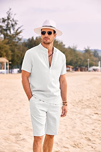 COOFANDY Men's 2 Pieces Linen Set Casual Henley Shirts Short Sleeve Beach Yoga Shorts Summer Pants Outfits