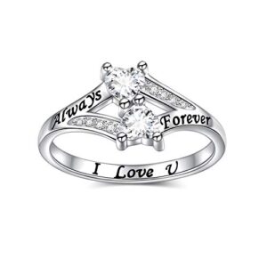 FLYOW Mothers Day Ring 925 Sterling Silver Heart Ring for Wife Mom Sister Daughter I Love You Always and Forever Ring for Women Engagement Ring Birthday Gifts Size 8