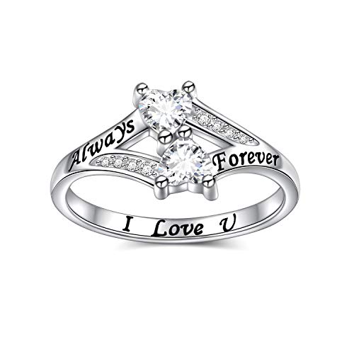 FLYOW Mothers Day Ring 925 Sterling Silver Heart Ring for Wife Mom Sister Daughter I Love You Always and Forever Ring for Women Engagement Ring Birthday Gifts Size 8