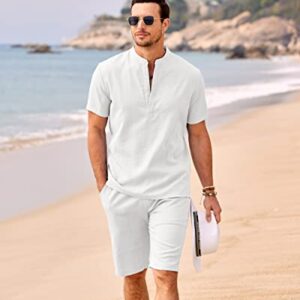 COOFANDY Men's 2 Pieces Linen Set Casual Henley Shirts Short Sleeve Beach Yoga Shorts Summer Pants Outfits