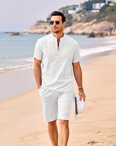 COOFANDY Men's 2 Pieces Linen Set Casual Henley Shirts Short Sleeve Beach Yoga Shorts Summer Pants Outfits