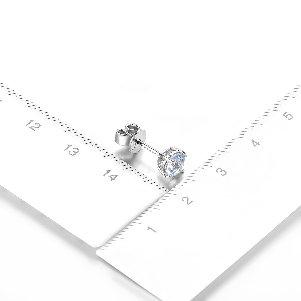 ZhenCai Women Stud Earrings S925 Sterling Silver Round 5mm Natural Gemstone Birthstone Rhodium Plated Fine Jewelry (Natural Aquamarine)