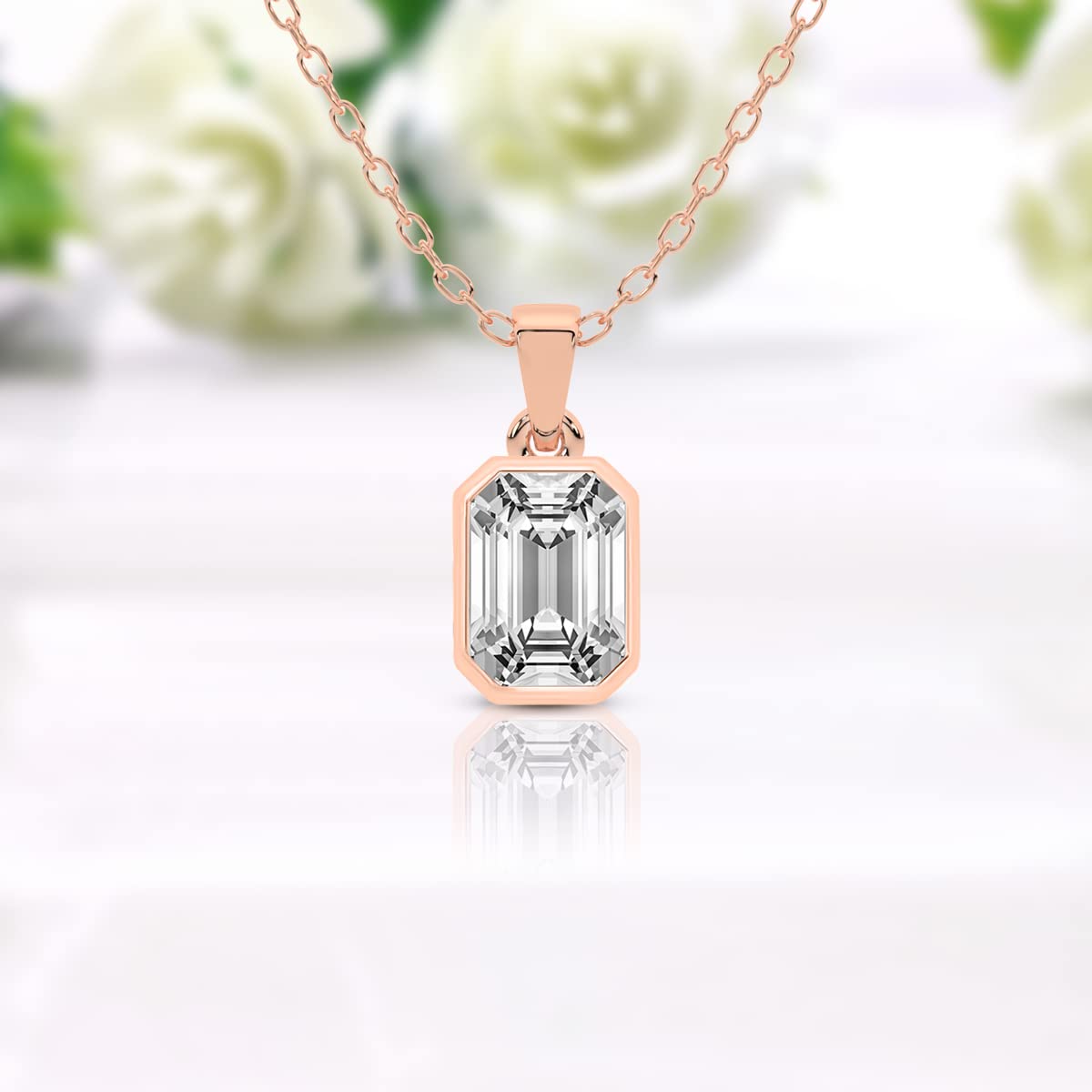 FRIENDLY DIAMONDS Diamond Pendant Necklace For Women | 3 Carat IGI Certified Emerald Shape Lab Grown Diamond | Allure Bezel Lab Diamond Pendant Necklace In 14K Rose Gold | FG-VS1-VS2 Quality