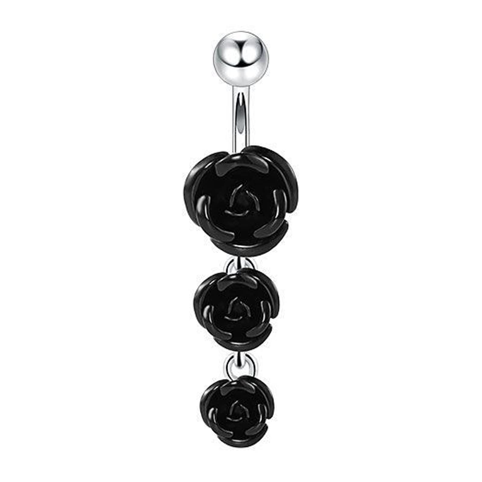 Lenacou Double Rose Belly Button Rings 14G Surgical Stainless Steel Dangle Cute Navel Barbell Stud Cubic Zirconia Body Piercing (Black)