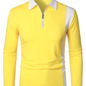 HOOD CREW Mens Long Sleeve Polo Shirts Fashion Color Block Zipper T shirts Yellow 3XL