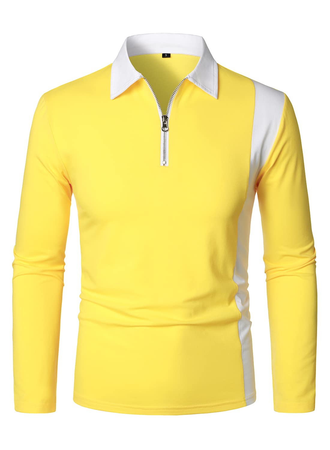 HOOD CREW Mens Long Sleeve Polo Shirts Fashion Color Block Zipper T shirts Yellow 3XL