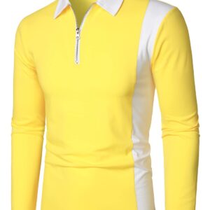 HOOD CREW Mens Long Sleeve Polo Shirts Fashion Color Block Zipper T shirts Yellow 3XL