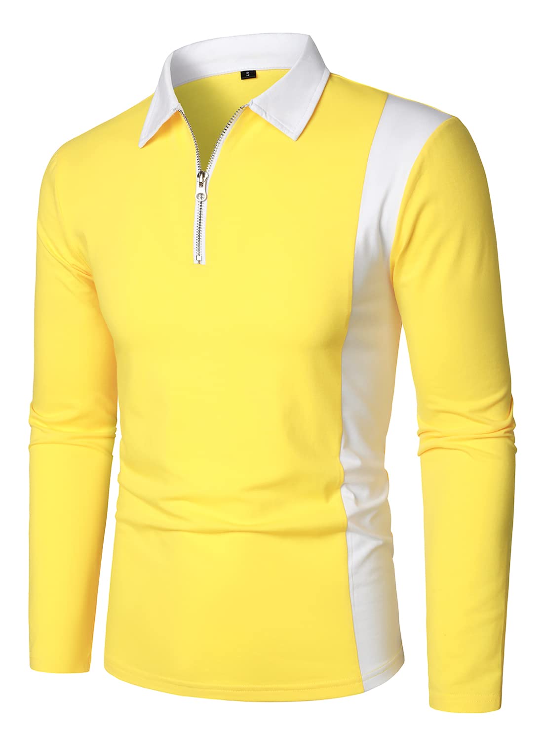 HOOD CREW Mens Long Sleeve Polo Shirts Fashion Color Block Zipper T shirts Yellow 3XL