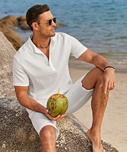 COOFANDY Men's 2 Pieces Linen Set Casual Henley Shirts Short Sleeve Beach Yoga Shorts Summer Pants Outfits