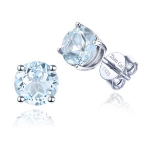 ZhenCai Women Stud Earrings S925 Sterling Silver Round 5mm Natural Gemstone Birthstone Rhodium Plated Fine Jewelry (Natural Aquamarine)