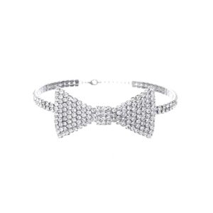 sparkly rhinestone crystal beaded bowknot choker necklace bow tie tennis chain collar necklace for women party ball prom nightclub bar wedding costume jewelry-c silver