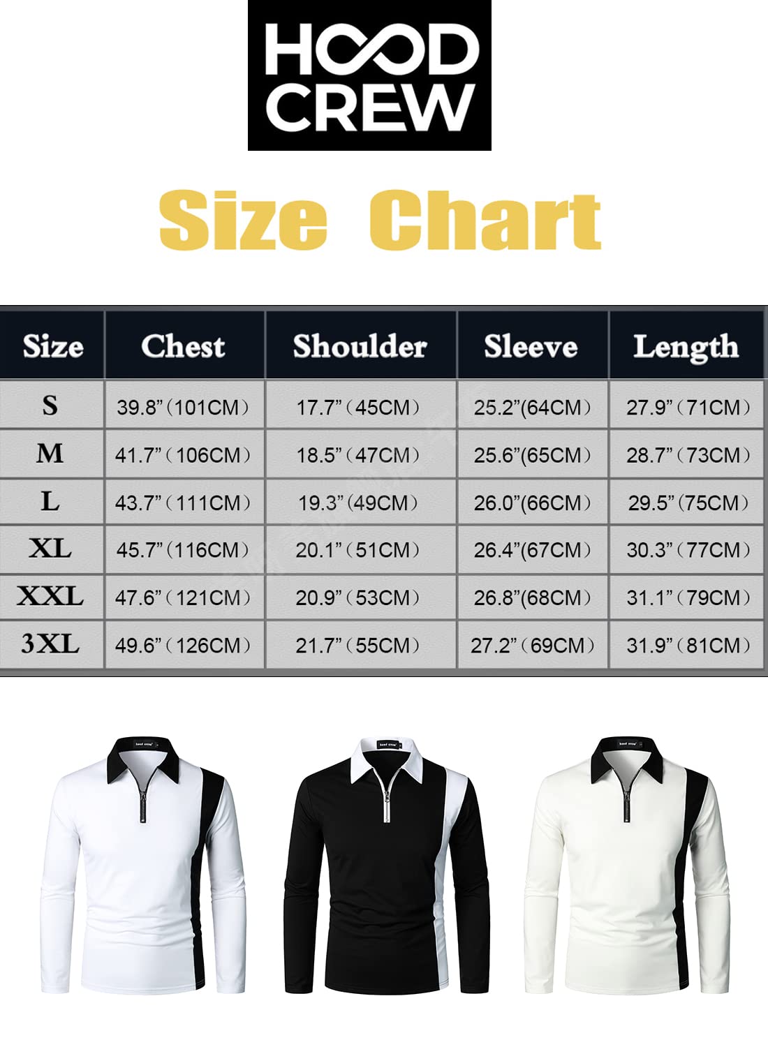 HOOD CREW Mens Long Sleeve Polo Shirts Fashion Color Block Zipper T shirts Yellow 3XL