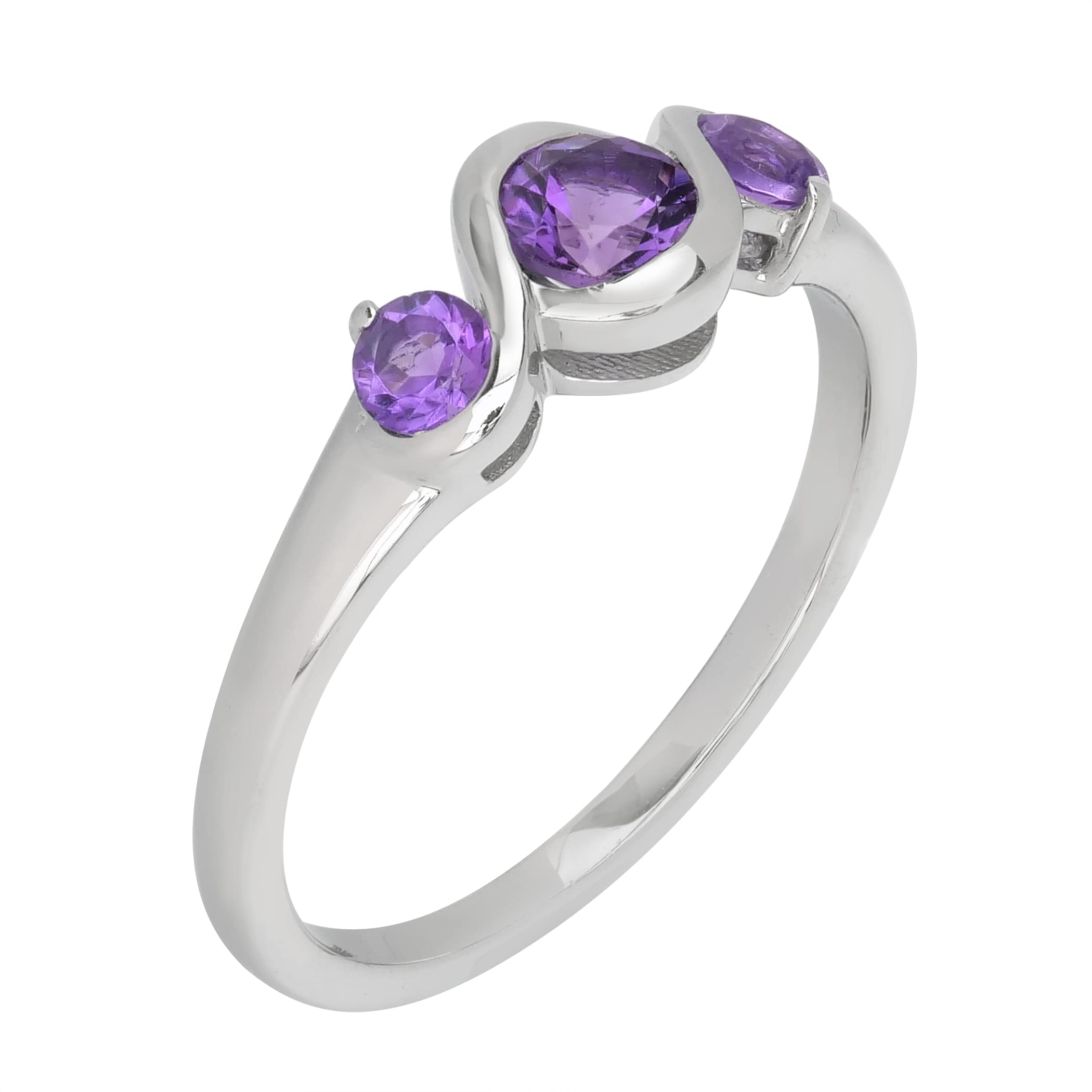 GEMISTRY Cora Sterling Silver Amethyst Gemstone 3-Stone Round Bezel Ring