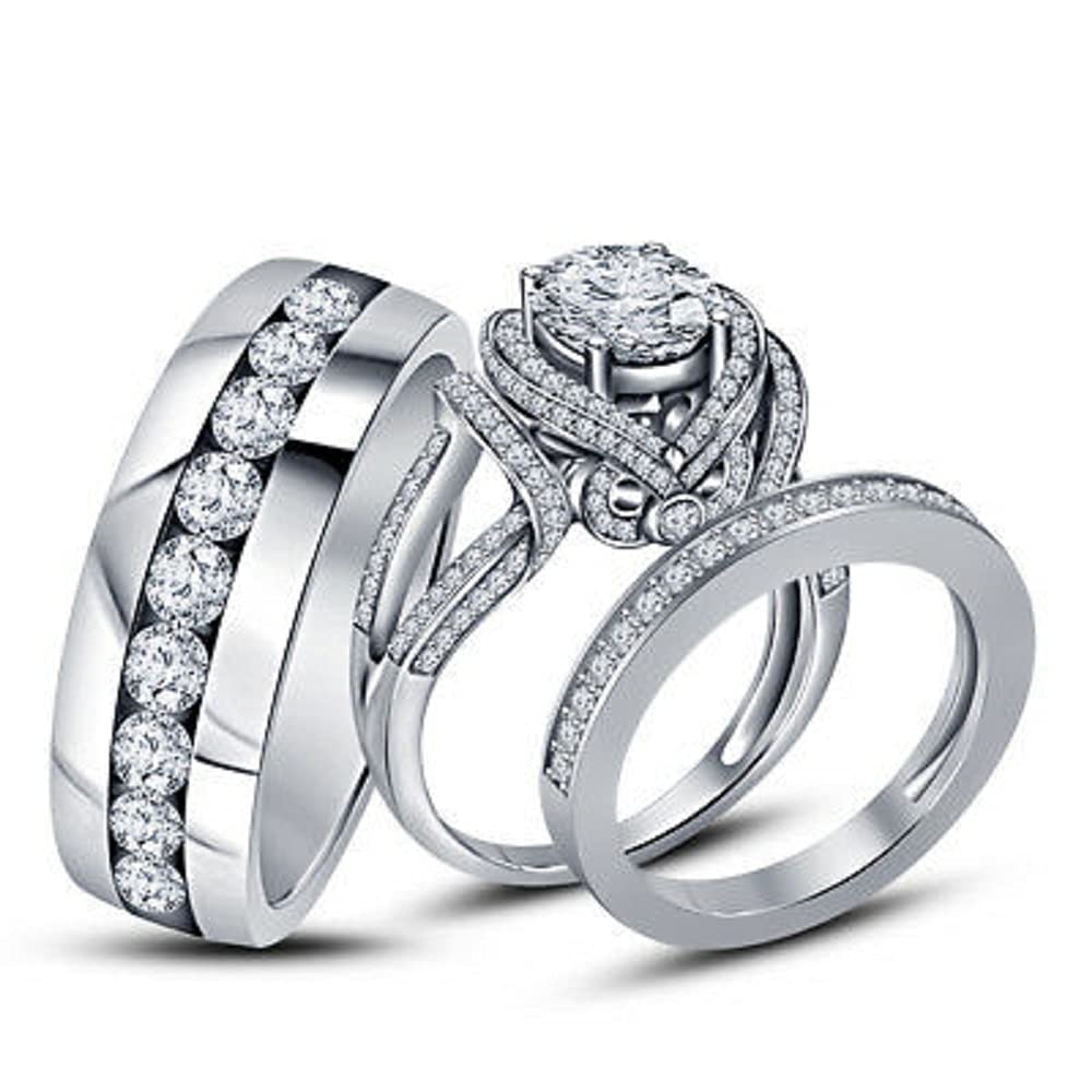 Indi Gold & Diamond Jewelry Round Cut White Diamond In 925 Sterling Silver 14K White Gold Over Diamond Wedding Bridal Engagement Trio Ring Set for Him & Her