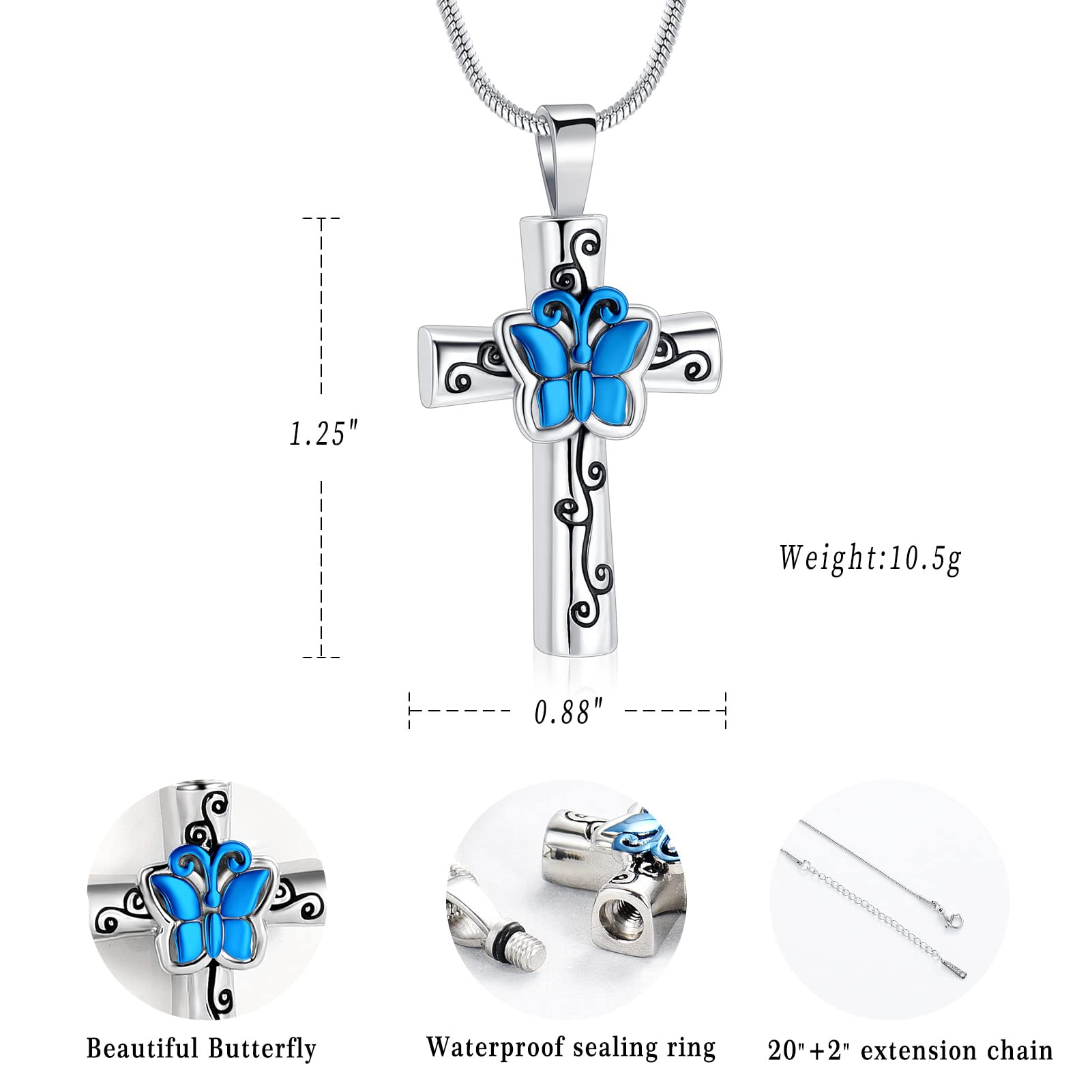 Urn Necklace for Ashes Rose Flower Cross Cremation Jewelry Pendant for Human/Pet Funeral Keepsake Memorial Necklace (Silve-Blue)