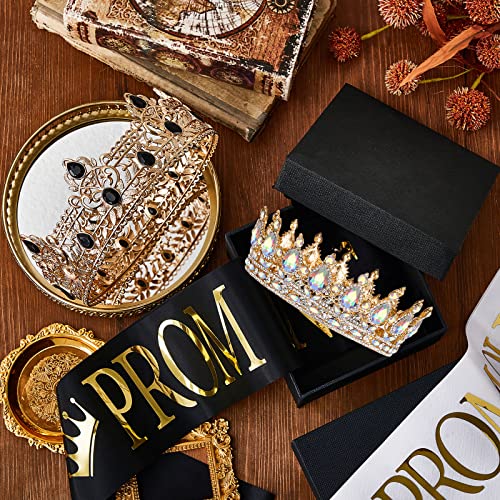 4 Pieces Gold King Crown Tiara Crowns for Men Women Prom Queen and King Satin Sash Rhinestone Crown for Wedding Graduation (AB Diamond, 5.9 x 2.5 Inch, 5 x 2 Inch)