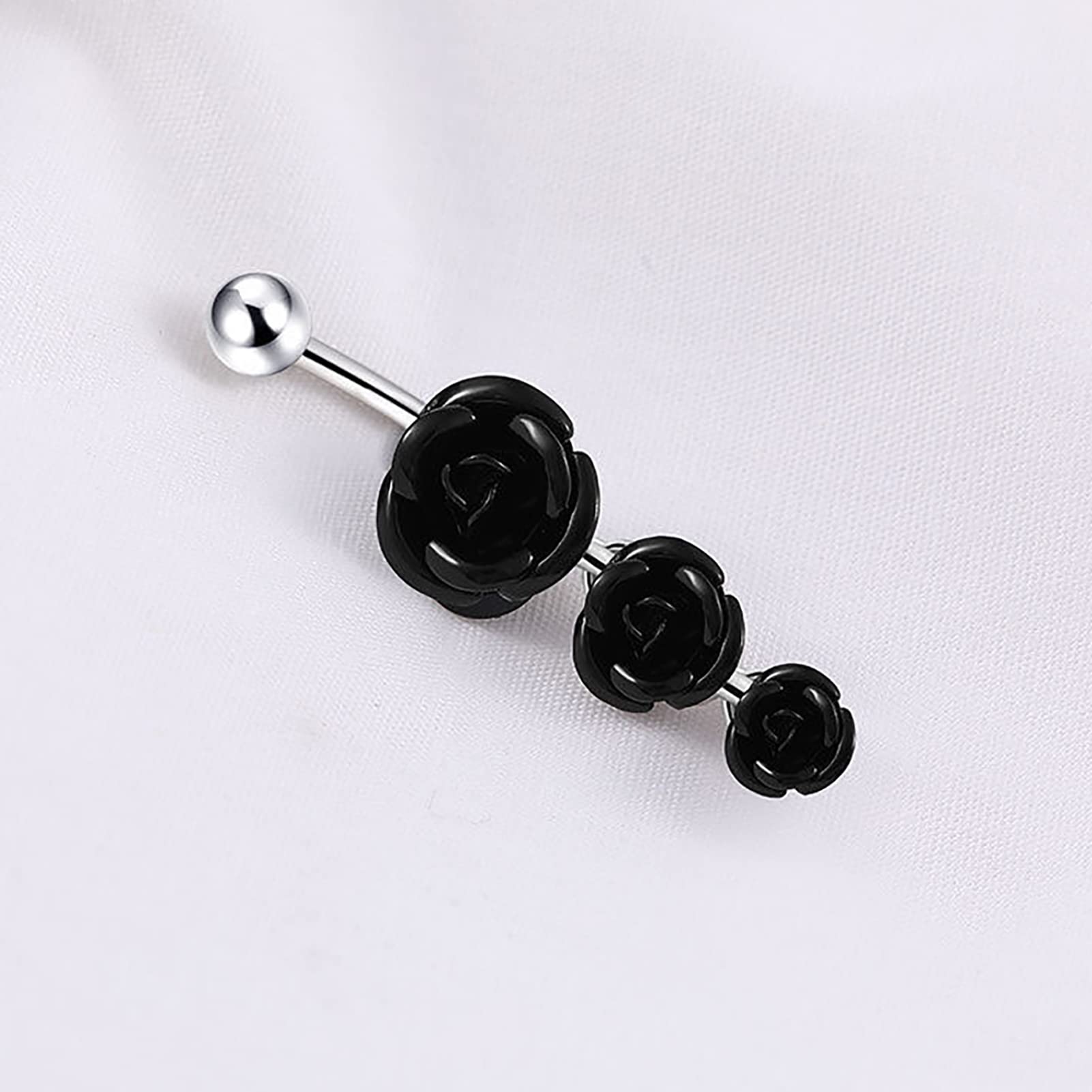 Lenacou Double Rose Belly Button Rings 14G Surgical Stainless Steel Dangle Cute Navel Barbell Stud Cubic Zirconia Body Piercing (Black)