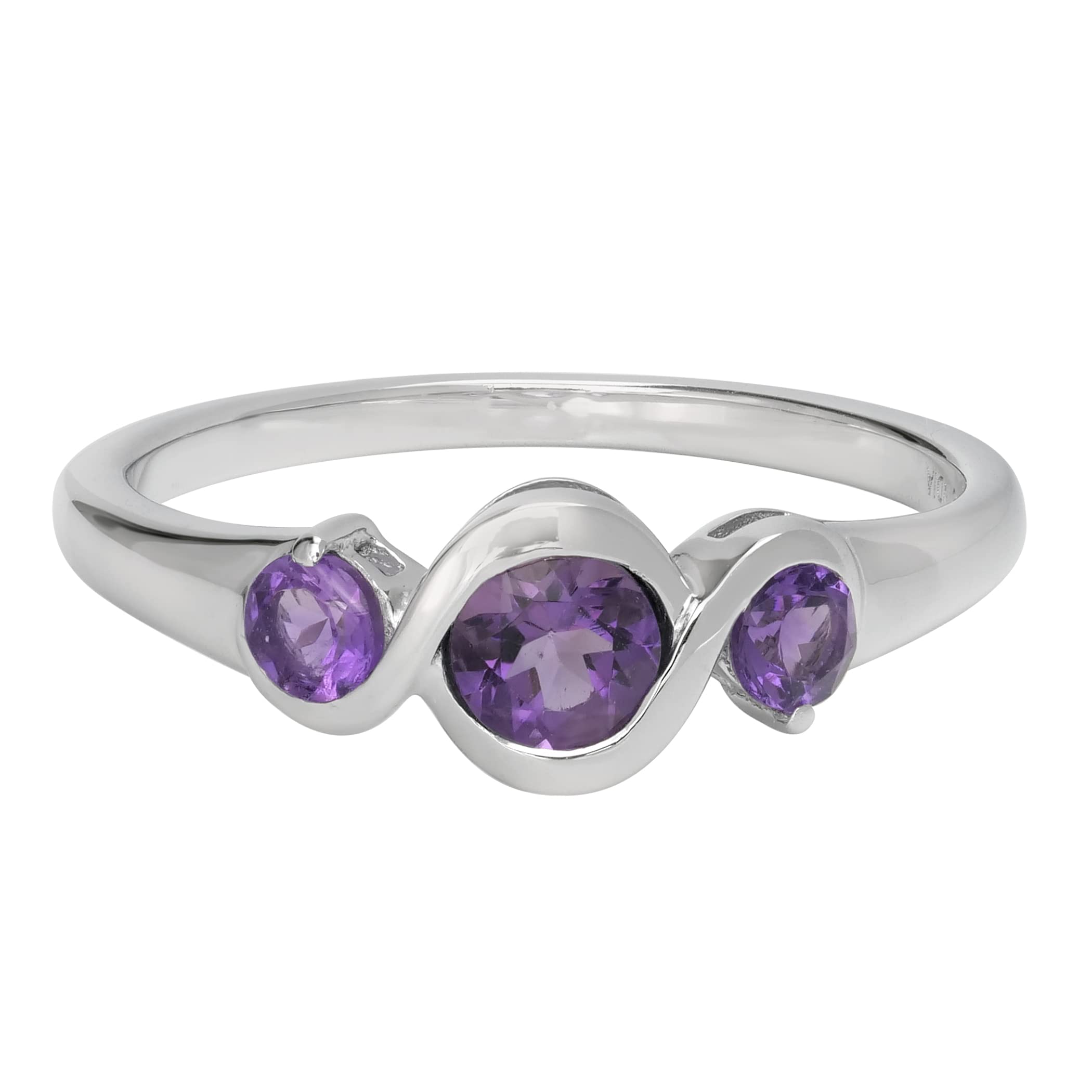 GEMISTRY Cora Sterling Silver Amethyst Gemstone 3-Stone Round Bezel Ring