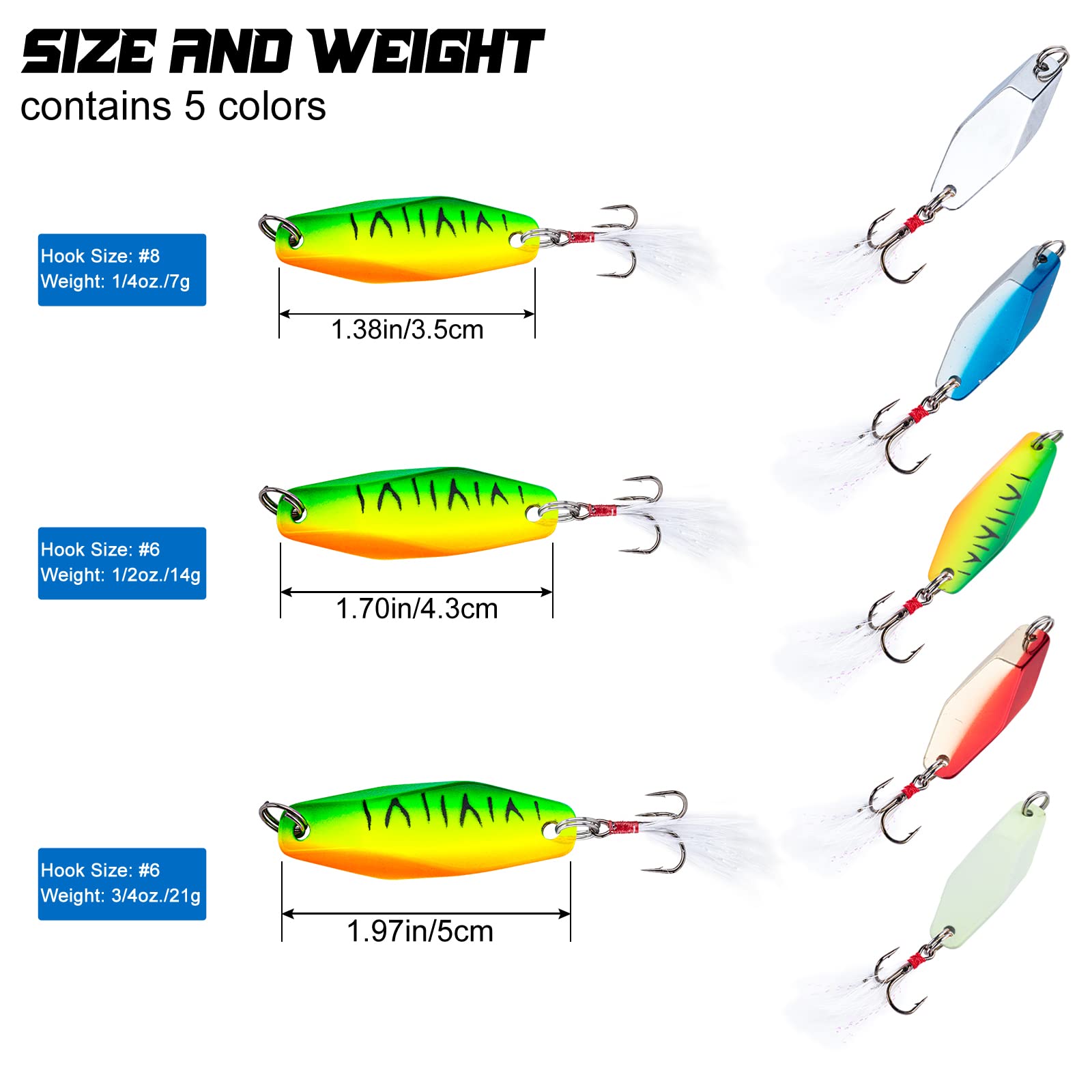 Goture Fishing Spoons Lures,Metal Spoon Trout Lures,Long Distance Casting Fishing Lures for Trout Bass Crappie Pike Saltwater and Freshwater Fishing, 5 Size Jigging Spoons with Fishing Tackle Box