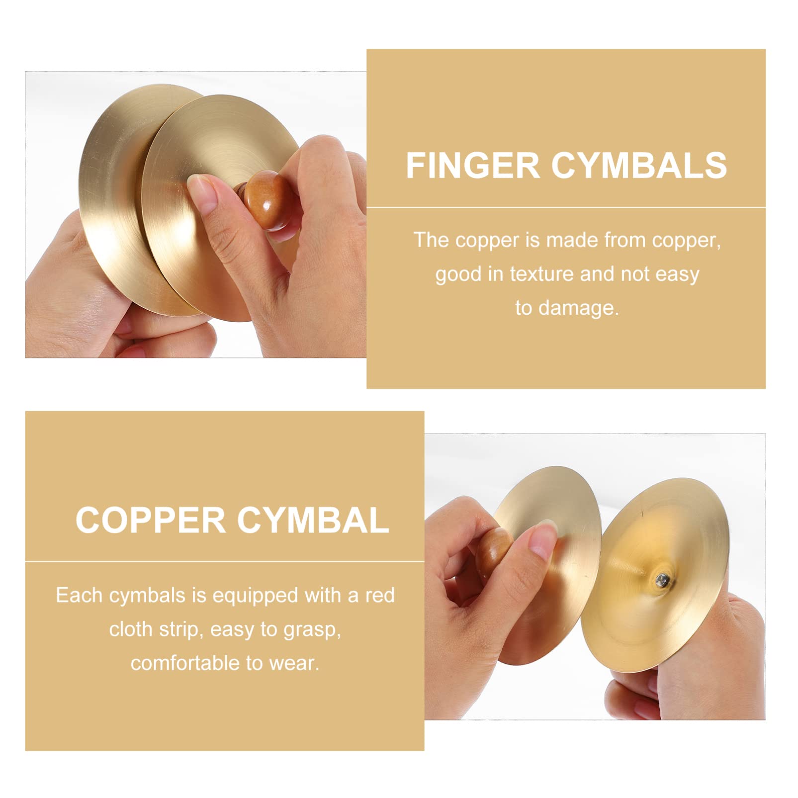 Vaguelly Finger Cymbals with Wooden Handles, 1 Pair Copper Band Cymbals, 9cm/3.5in Mini Marching Cymbals, Hand Cymbal Belly Dance, Orff Music Instrument for Child & Adult