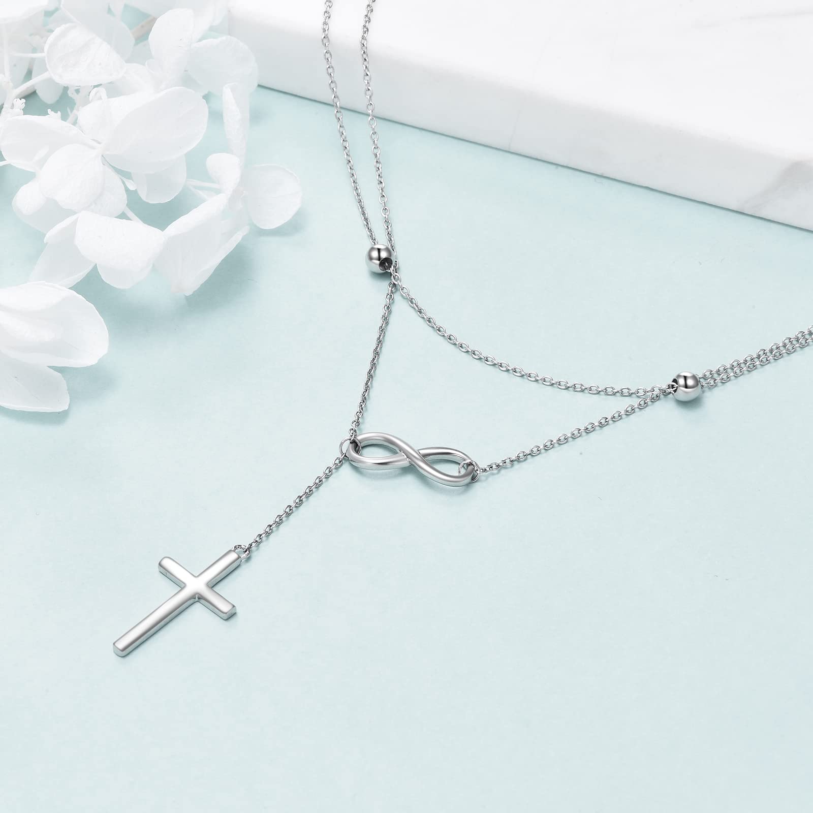 MONGAS Infinity Cross Layered Necklaces 925 Sterling Silver Lariat Y Necklace Christmas Jewelry for Women