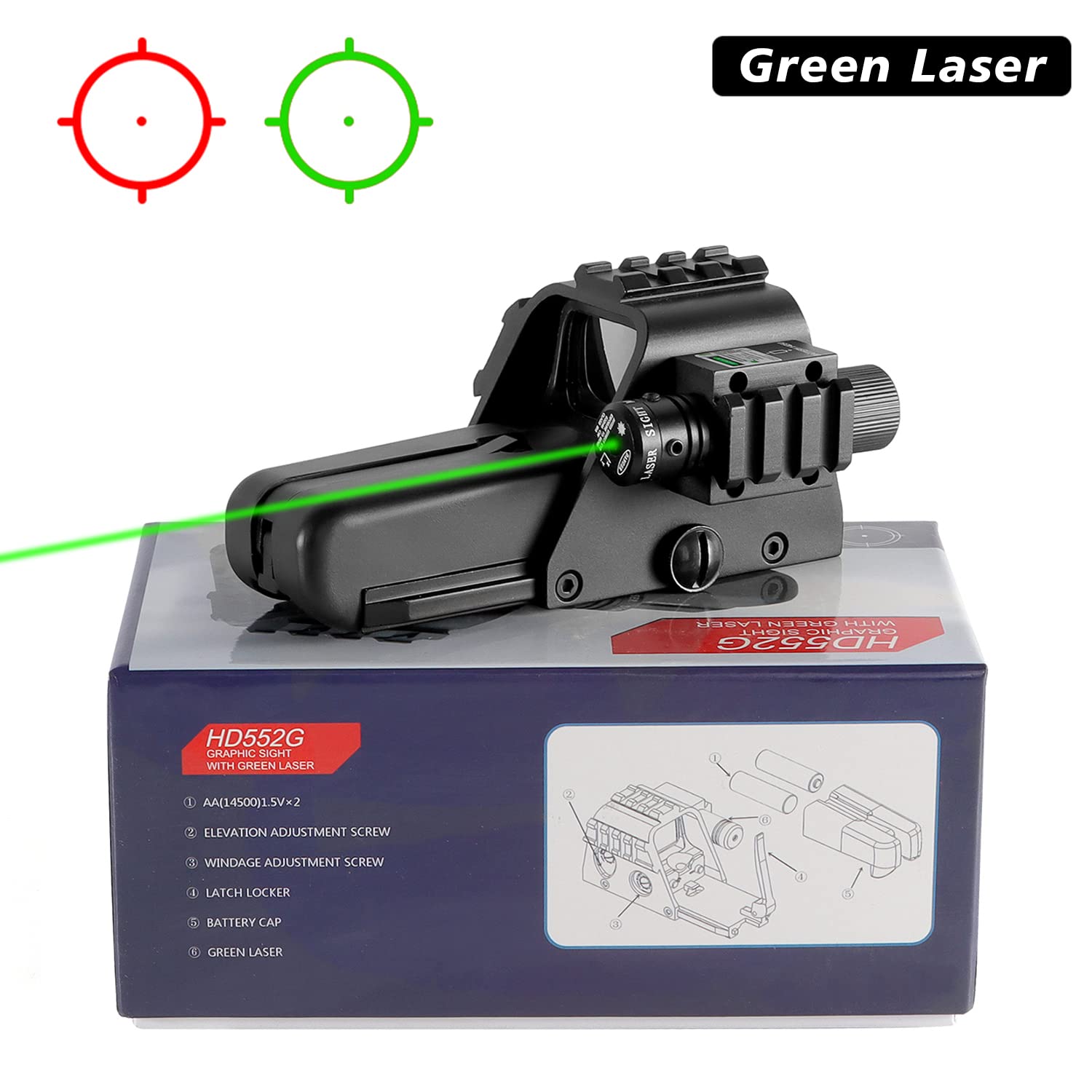 552G Green/Red Dot Sight with Green Laser Holographic Scope Hunting Reflex Sights for 20mm Rail Mount