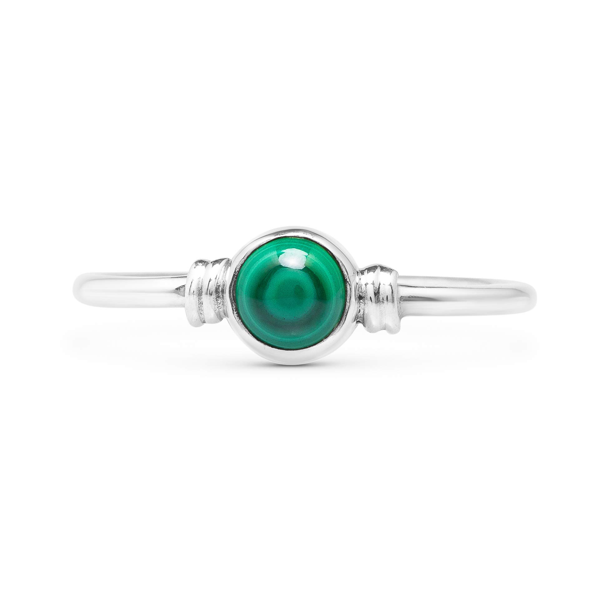 Koral Jewelry Round Malachite 925 Sterling Silver Ring - Delicate BOHO Chic Jewelry - Fashionable and Stylish for Women with Velvet Gift Bag - Made by Indian Artisans - Size 5-9 (10)