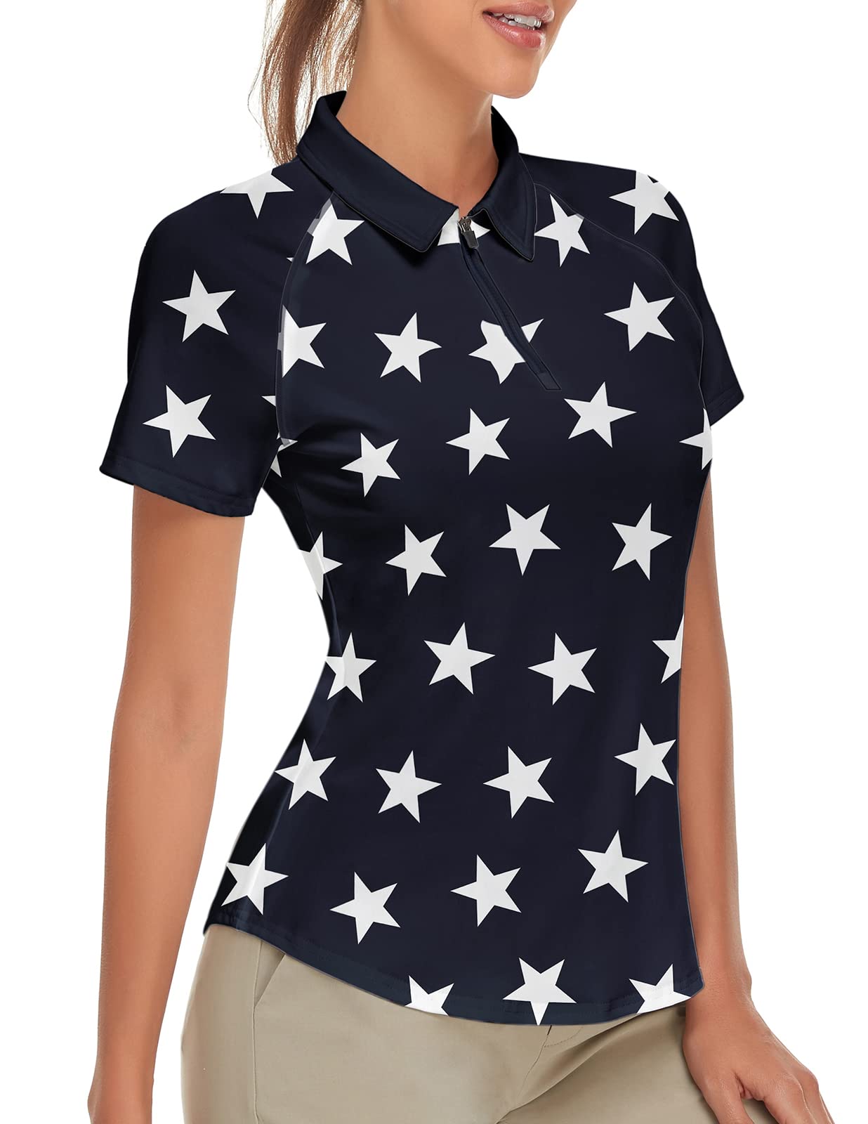 Women's Short Sleeve Golf Polo Shirts Moisture Wicking Golf Apparel Lady Golf Tops US Flag, Medium