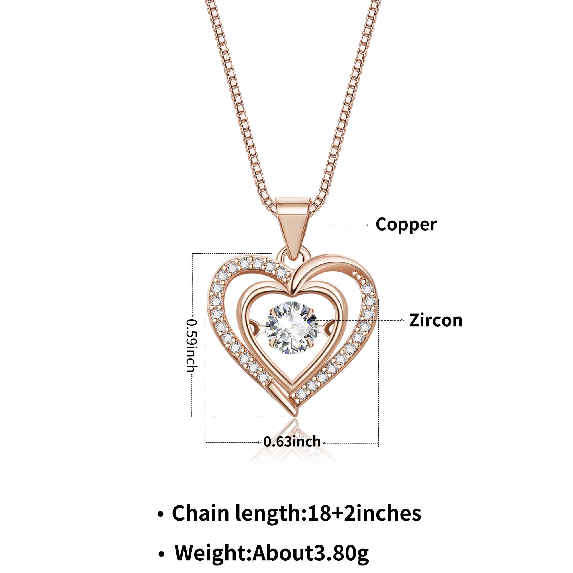 WSKFLY Heart Necklaces for Women, 14K Rose Gold Plated 5a cubic zirconia pendant Gift for Wife Girls Her 18+2 inch