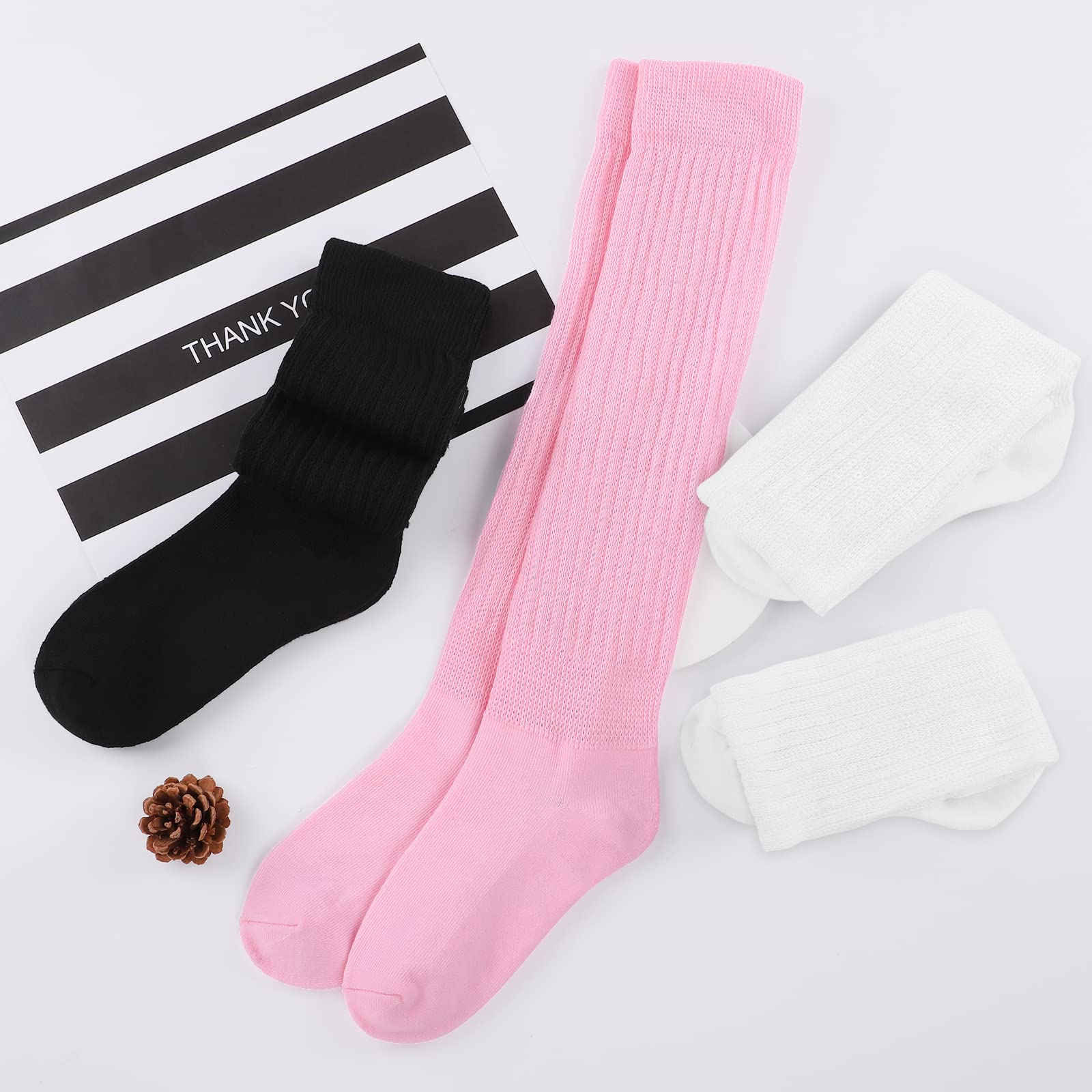 Witwot 3 Pair Womens Slouch Socks Cotton Knee High Tube Scrunch Sock Black-White-Pink