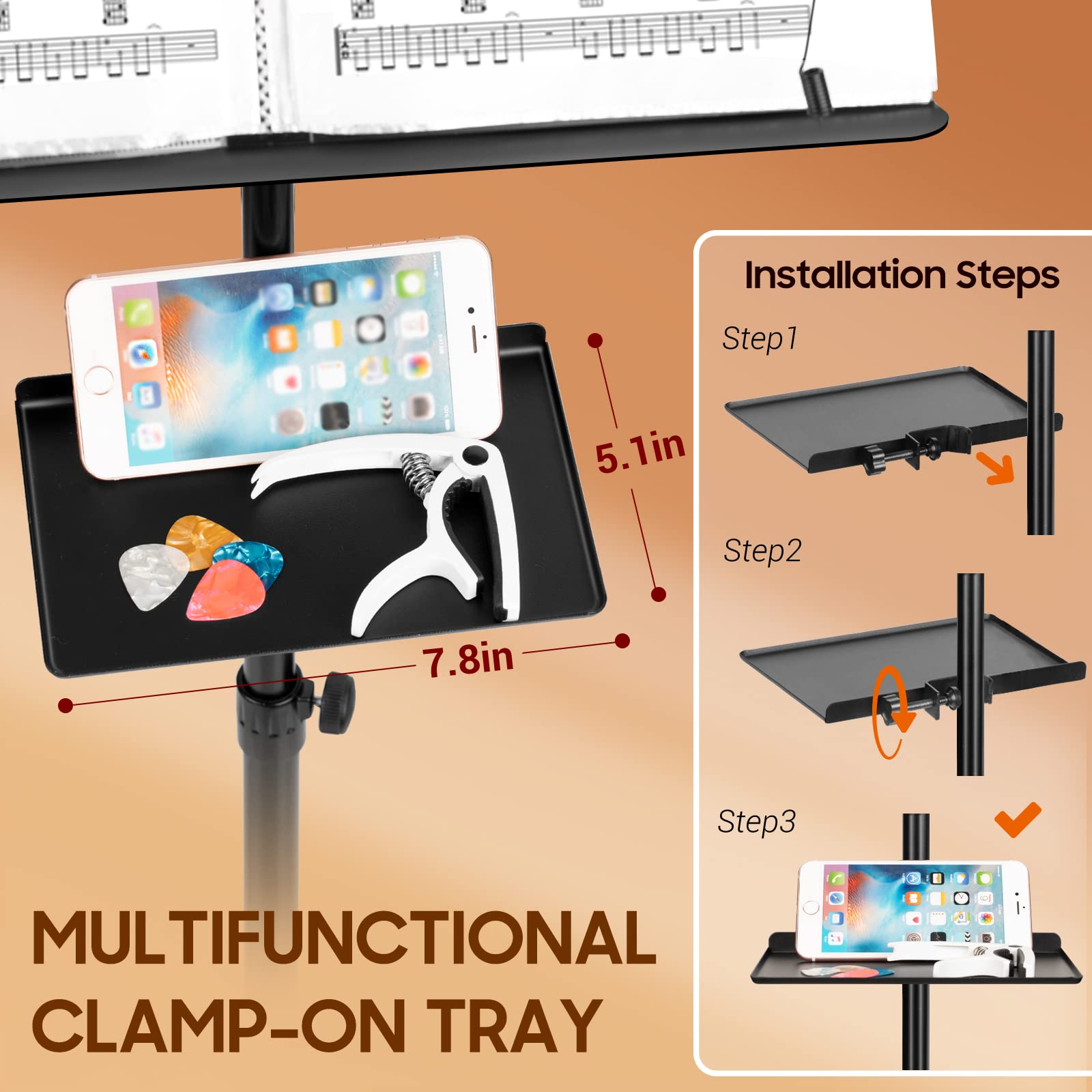 CAHAYA Dual Use Sheet Music Stand with Clamp-on Tray & Desktop Book Stand with Carrying Bag, Sheet Music Folder, Music Stand with Shelf, and Clip for Guitar, Ukulele, Violin Players CY0194+CY0320