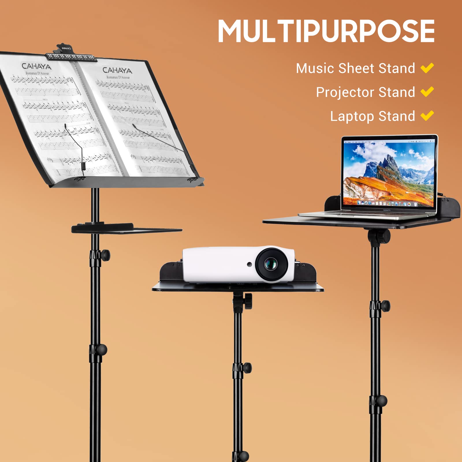 CAHAYA Dual Use Sheet Music Stand with Clamp-on Tray & Desktop Book Stand with Carrying Bag, Sheet Music Folder, Music Stand with Shelf, and Clip for Guitar, Ukulele, Violin Players CY0194+CY0320