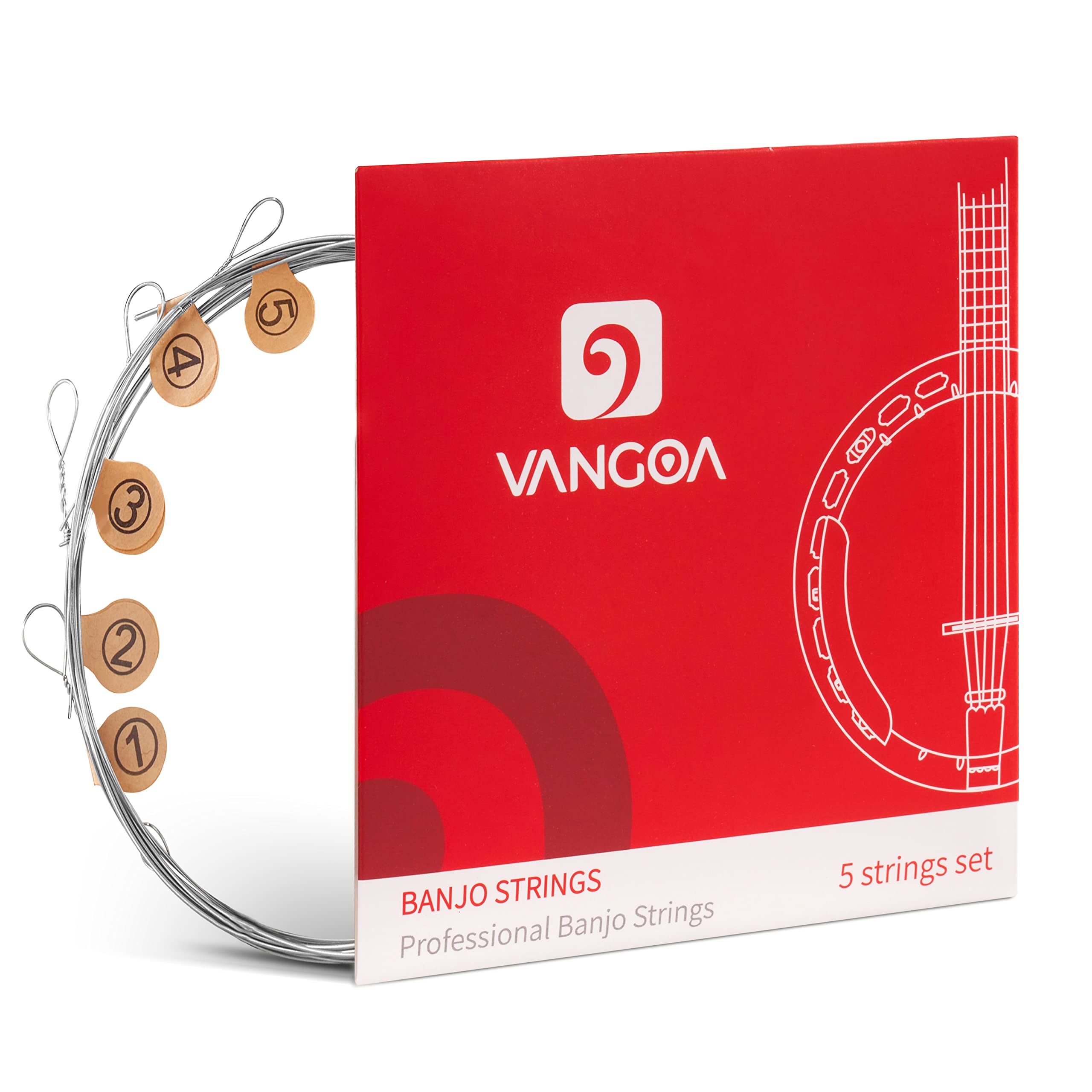 Vangoa Banjo Strings, Vacuum-sealed Packaging Duable Banjo Strings 5 String Set, 70/30 Bronze Stainless Steel, Medium 9-26