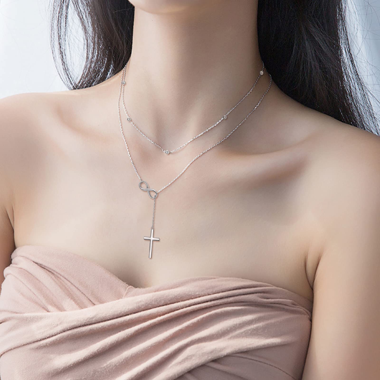 MONGAS Infinity Cross Layered Necklaces 925 Sterling Silver Lariat Y Necklace Christmas Jewelry for Women