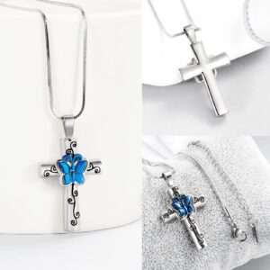 Urn Necklace for Ashes Rose Flower Cross Cremation Jewelry Pendant for Human/Pet Funeral Keepsake Memorial Necklace (Silve-Blue)