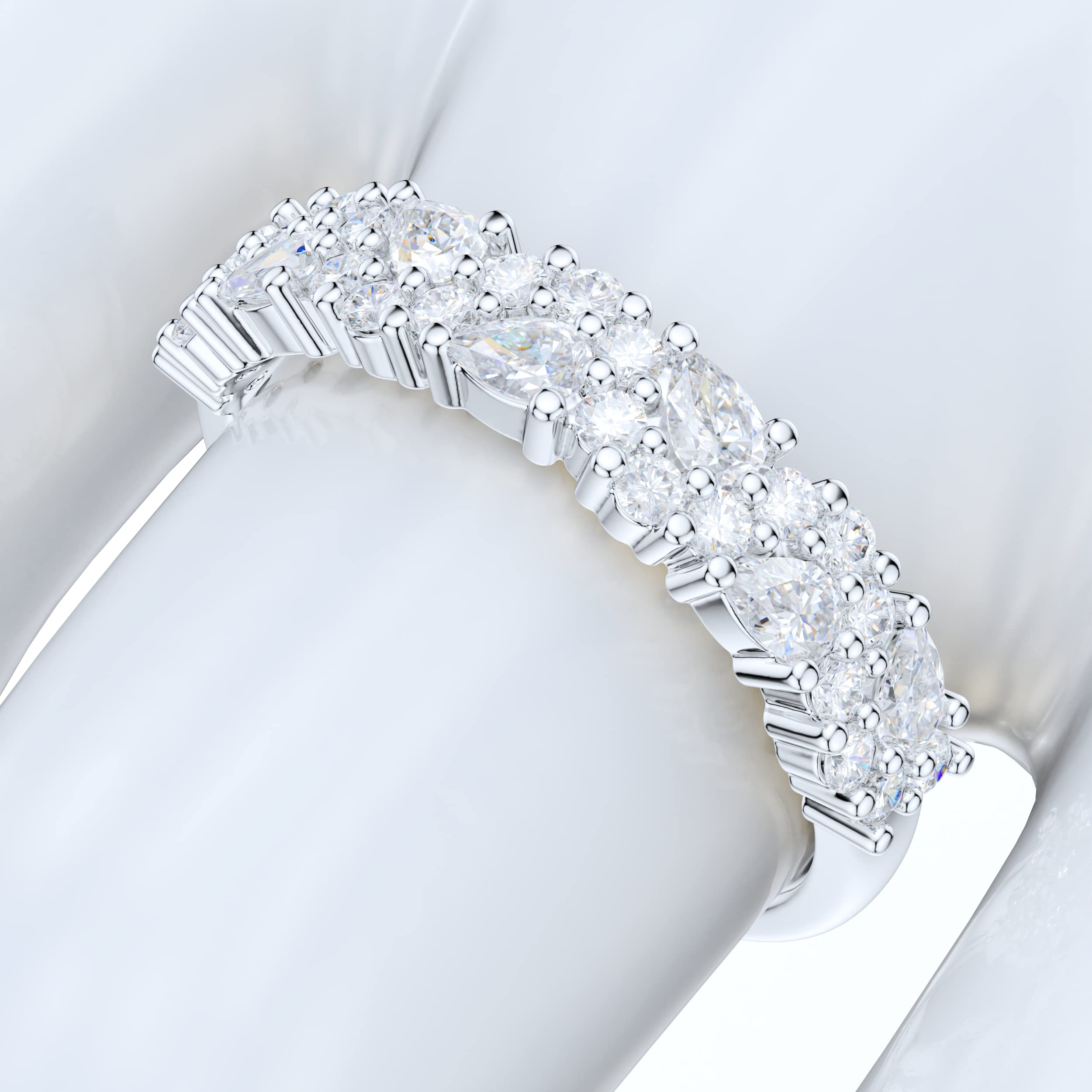 PRSTANI 4.3mm Wide Sterling Silver Cluster Simulated Marquise and Round Diamond Half Eternity Ring (6.5)